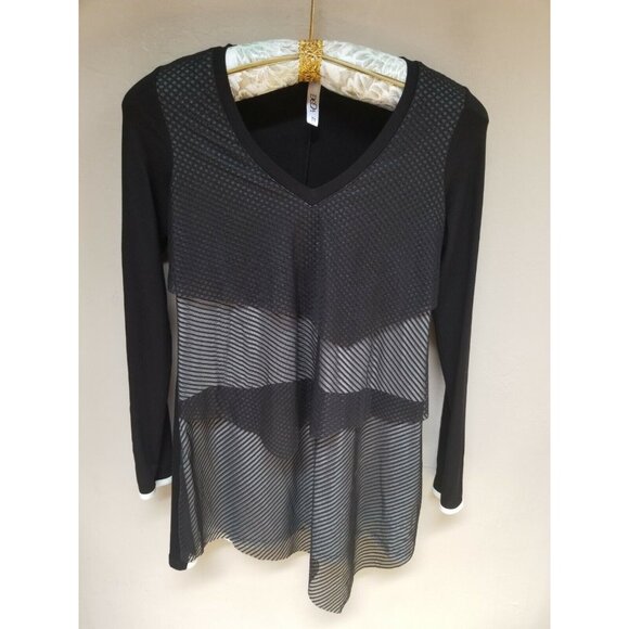 Deca Womens Long Sleeves Top V  Asymmetric Hem Tunic Size 1 Gray Black France - Picture 1 of 7